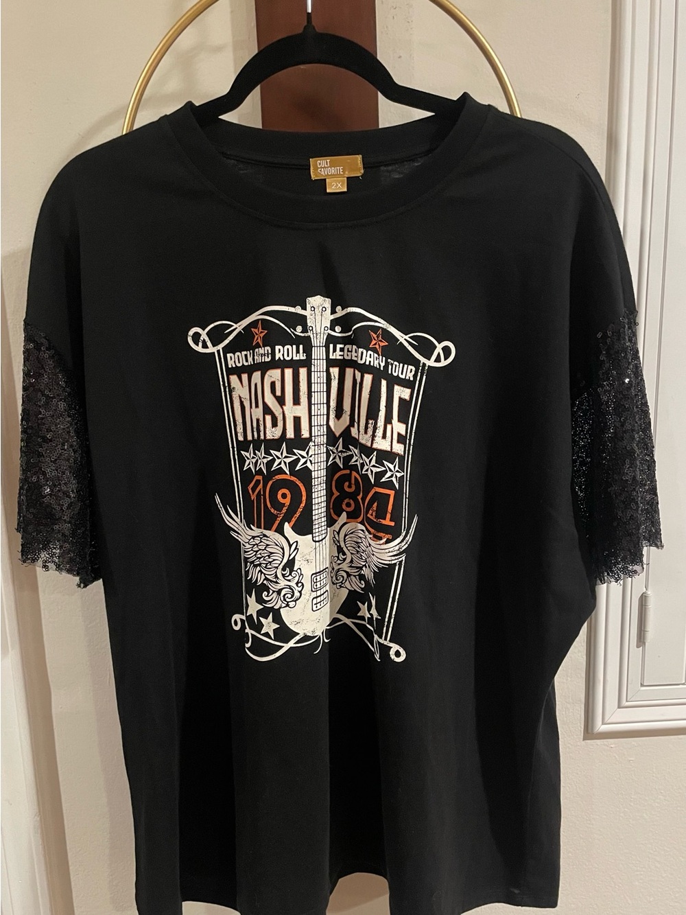 Black Nashville Graphic Tee with Sequin Short Sleeves